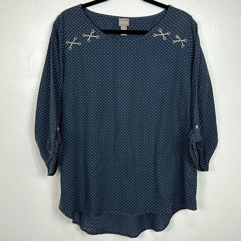 Chico’s Cotton Polka Dot Roll Tab Sleeve Blouse Top In Navy Blue Size XL